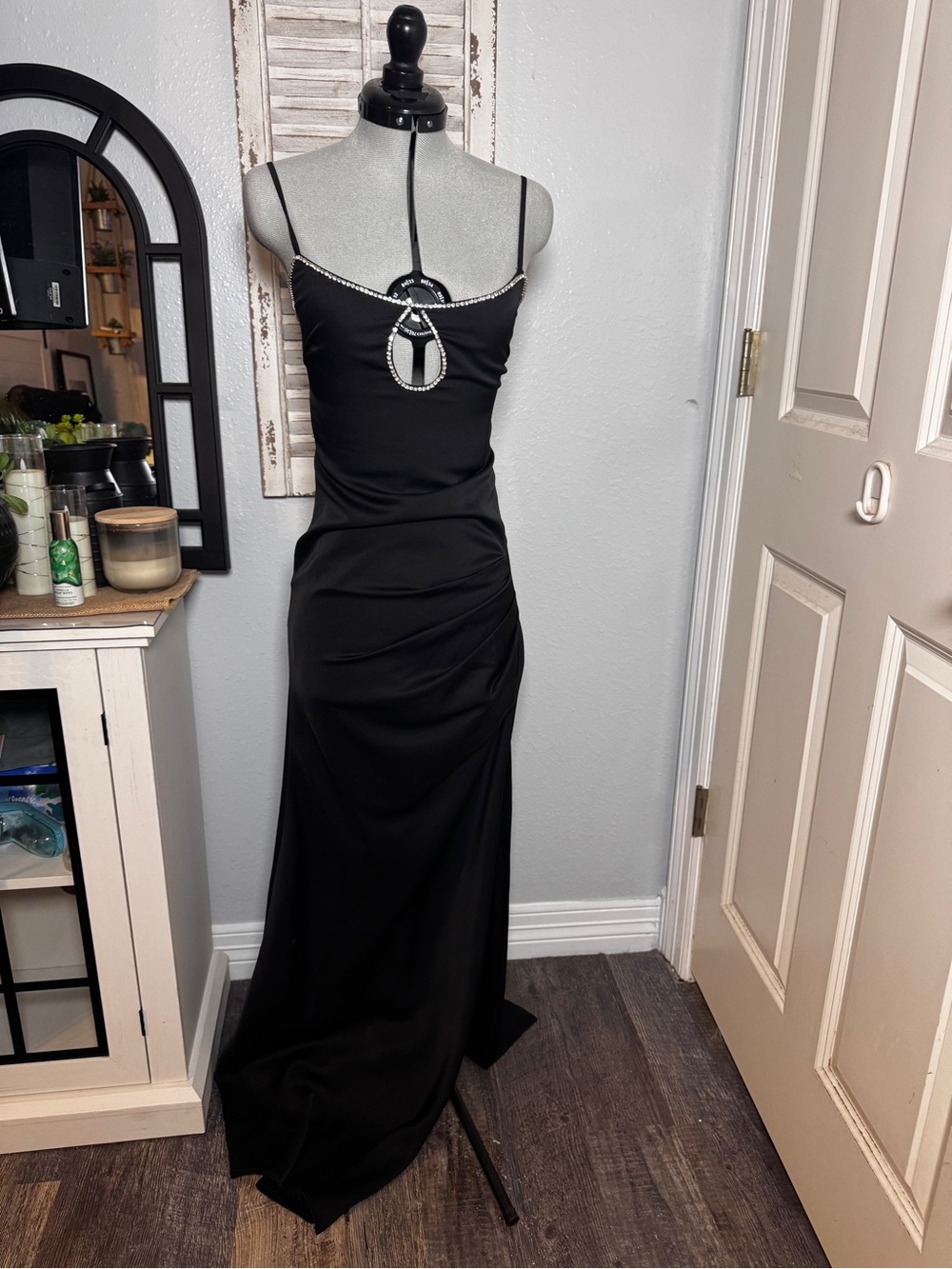 Black Rhinestone-Embellished Spaghetti Strap Maxi Dress